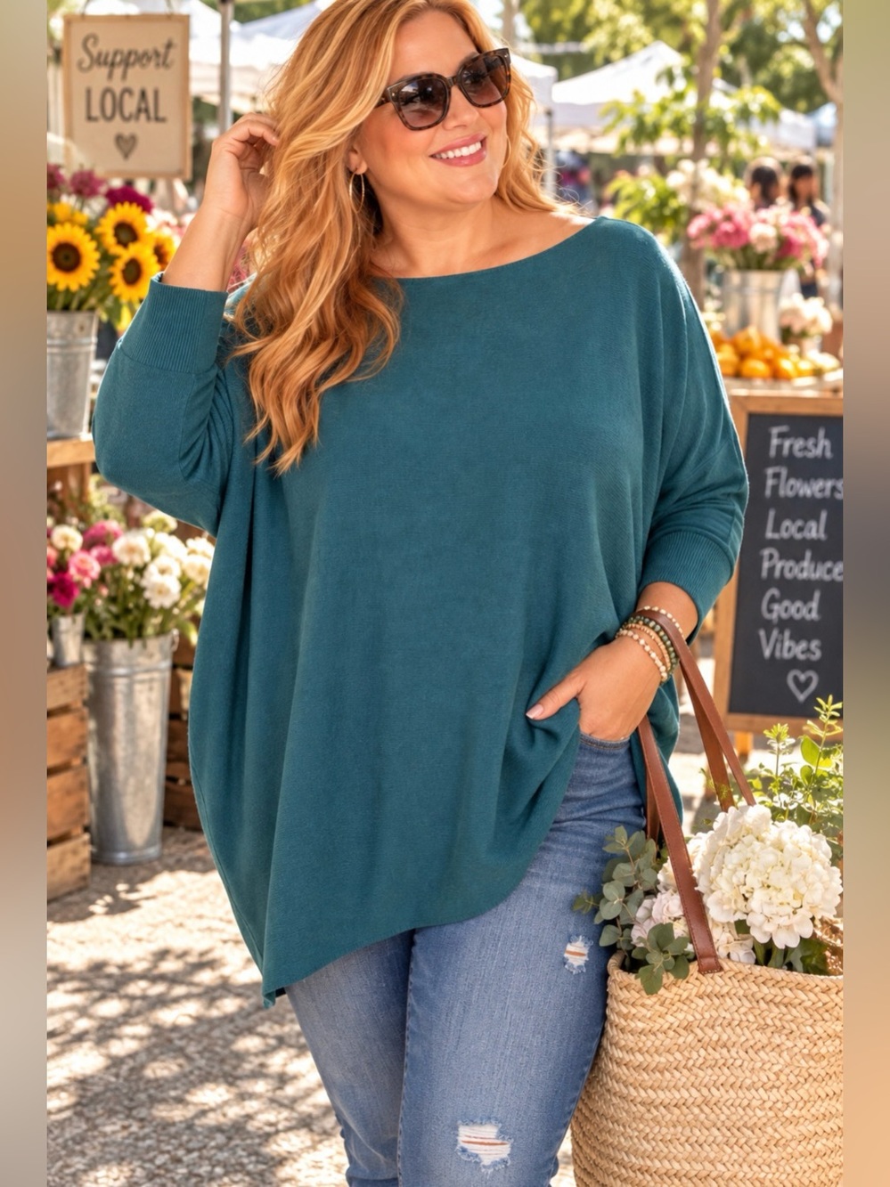 NWT Miracle Fashion Teal Oversized Tunic Sweater Top Cotton Blend